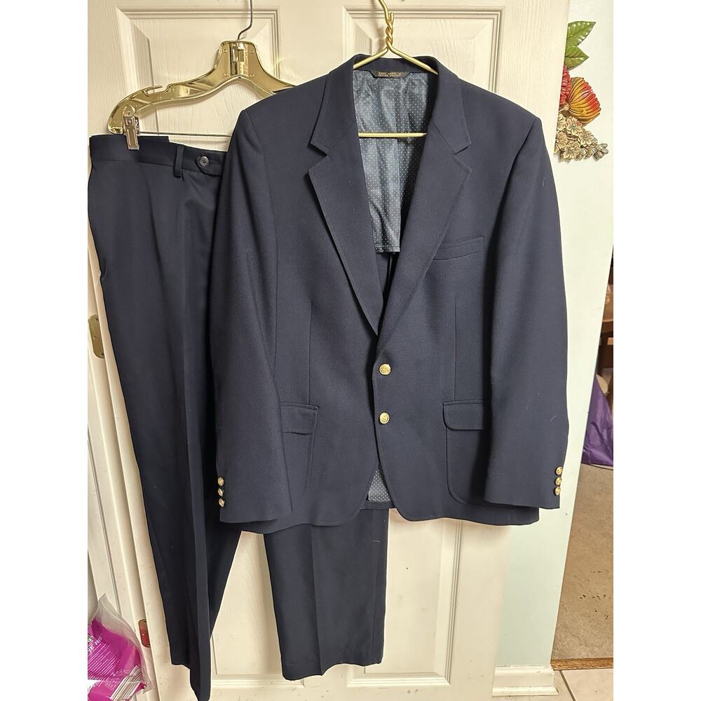 Winston VNT 70s 80s Blue Wool Suit Coat Jacket Blazer 44r Pants Croft 38x30 Gold